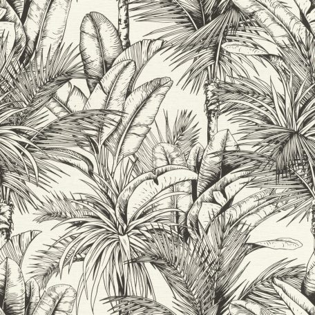 Rasch SALSA 478013 Natur Botanikus kéttónusú növényi motívum pálmafák és banánlevelek textil háttér fehér fekete tapéta