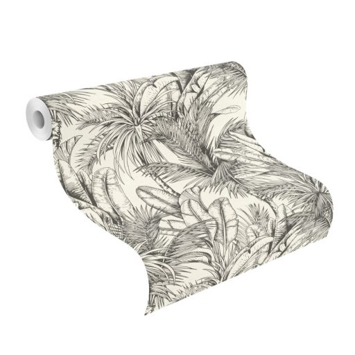 Rasch SALSA 478013 Natur Botanikus kéttónusú növényi motívum pálmafák és banánlevelek textil háttér fehér fekete tapéta