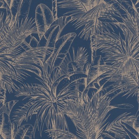 Rasch SALSA 478044 Natur Botanikus kéttónusú növényi motívum pálmafák és banánlevelek textil háttér kék fényes arany tapéta