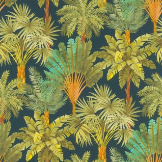   Rasch SALSA 478242 Natur Trópusi élénk pálmaerdő éjkék zöld barna és sárga árnyalatok tapéta