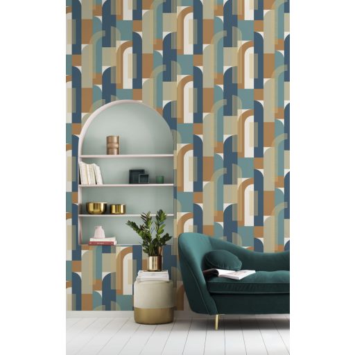 Rasch SALSA 480016 Vintage Grafikus design krémfehér bézs okker türkizzöld azúrkék csillogó arany vonalak tapéta