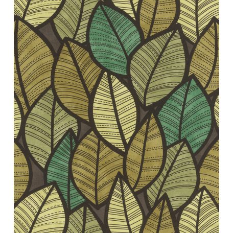 Rasch SALSA 480115 Natur Káprázatos levélminta stilizált levelek textil háttéren szépiabarna zöld és sárga árnyalatok tapéta