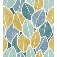   Rasch SALSA 480139 Natur Káprázatos levélminta stilizált levelek textil háttéren sötétkék sárga vízzöld kék zöld fehér tapéta