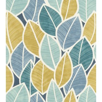   Rasch SALSA 480139 Natur Káprázatos levélminta stilizált levelek textil háttéren sötétkék sárga vízzöld kék zöld fehér tapéta