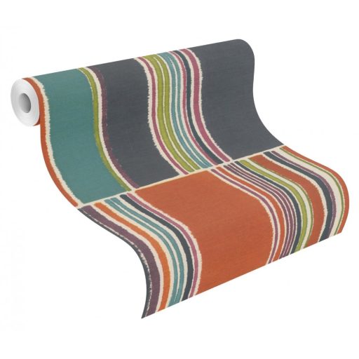 Rasch Florentine III 484458 Natur Akvarell patchwork textil háttéren krémfehér vörös narancs bordó fűzöld türkizkék fekete kék tapéta