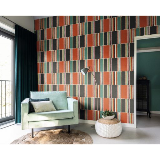 Rasch Florentine III 484458 Natur Akvarell patchwork textil háttéren krémfehér vörös narancs bordó fűzöld türkizkék fekete kék tapéta