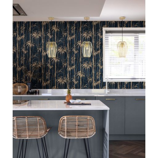 Rasch Florentine III 484892 Natur Trópusi bambuszliget textil háttéren sötét és éjkék sötétbarna arany fényes mintarészletek tapéta