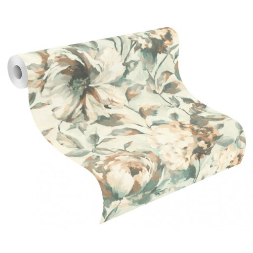 Rasch Florentine III 485134 Virágos Akvarell túlméretezett bazsarózsák textil háttéren krémfehér bézs barna és zöld árnyalatok tapéta