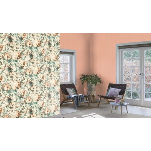 Rasch Florentine III 485134 Virágos Akvarell túlméretezett bazsarózsák textil háttéren krémfehér bézs barna és zöld árnyalatok tapéta