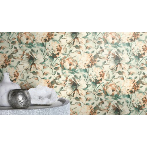 Rasch Florentine III 485134 Virágos Akvarell túlméretezett bazsarózsák textil háttéren krémfehér bézs barna és zöld árnyalatok tapéta
