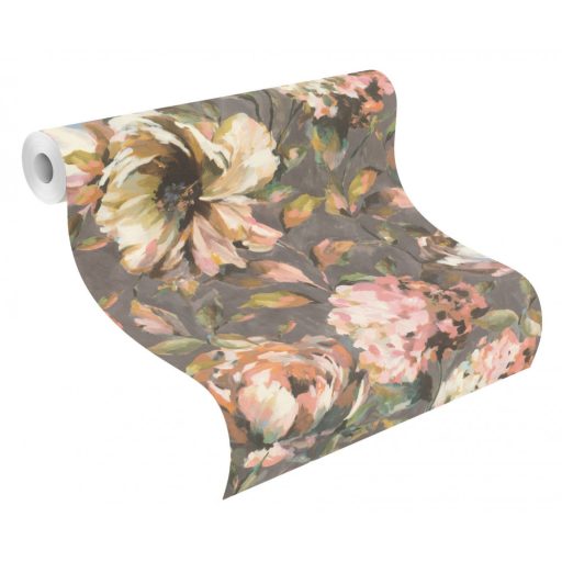 Rasch Florentine III 485172 Virágos Akvarell túlméretezett bazsarózsák textil háttéren barna/szürkésbarna krémfehér rózsaszín zöld tapéta