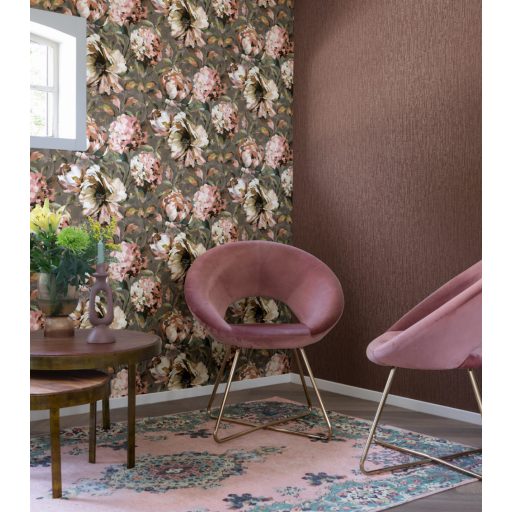 Rasch Florentine III 485172 Virágos Akvarell túlméretezett bazsarózsák textil háttéren barna/szürkésbarna krémfehér rózsaszín zöld tapéta