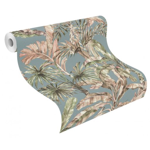 Rasch Florentine III 485257 Natur Trópusi banánlevelek és pálmafák textil háttéren puderkék zöld rózsaszín és barna árnyalatok
