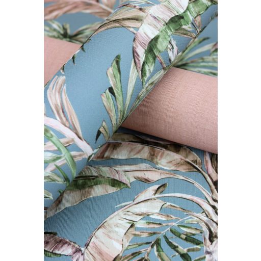 Rasch Florentine III 485257 Natur Trópusi banánlevelek és pálmafák textil háttéren puderkék zöld rózsaszín és barna árnyalatok
