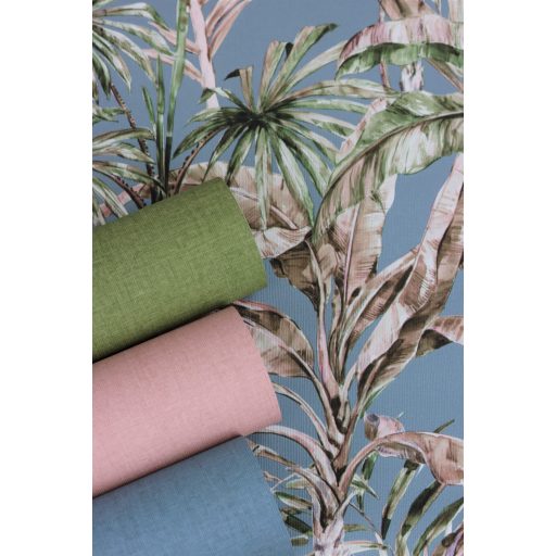 Rasch Florentine III 485257 Natur Trópusi banánlevelek és pálmafák textil háttéren puderkék zöld rózsaszín és barna árnyalatok