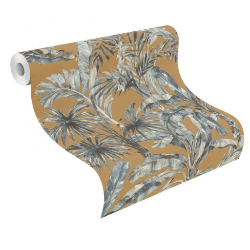 Rasch Florentine III 485264 Natur Trópusi banánlevelek és pálmafák textil háttéren okkersárga fehér szürke és kék árnyalatok