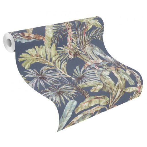 Rasch Florentine III 485288 Natur Trópusi banánlevelek és pálmafák textil háttéren tintakék fehér zöld piros kék és barna árnyalatok