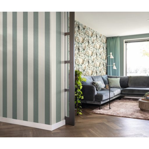 Rasch Florentine III 485448 Csíkos elegáns blokkcsíkos lágy krémfehér türkizkék tapéta