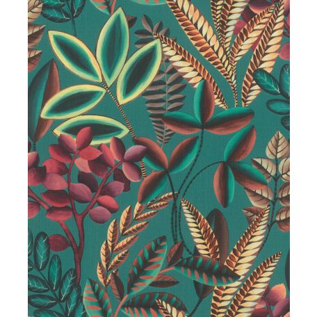 Rasch Florentine III 485547 Botanikus változatos növények levelei textil háttéren vízkék türkizzöld málnapiros kajszibarack vörösesbarna halványsárga tapéta