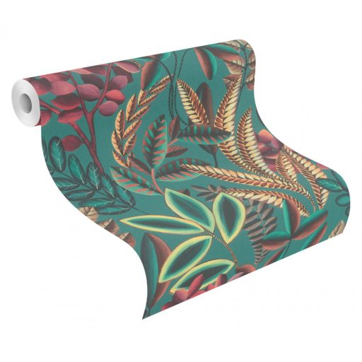 Rasch Florentine III 485547 Botanikus változatos növények levelei textil háttéren vízkék türkizzöld málnapiros kajszibarack vörösesbarna halványsárga tapéta