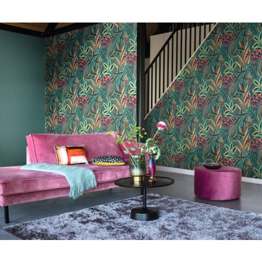 Rasch Florentine III 485547 Botanikus változatos növények levelei textil háttéren vízkék türkizzöld málnapiros kajszibarack vörösesbarna halványsárga tapéta