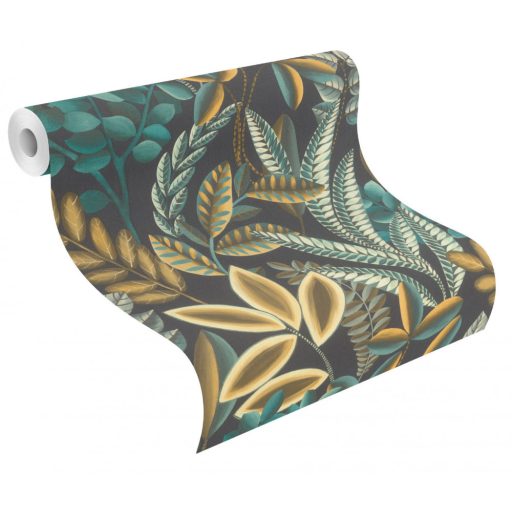 Rasch Florentine III 485561 Botanikus változatos növények levelei textil háttéren fekete türkiz és égkék okkersárga olívbarna halványsárga tapéta