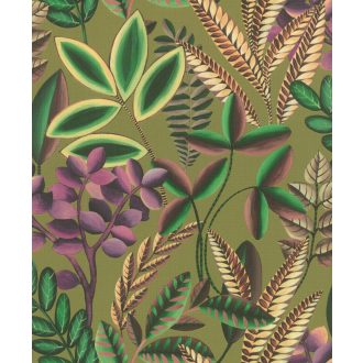   Rasch Florentine III 485578 Botanikus változatos növények levelei textil háttéren fű és levélzöld vörösesbarna ibolya halványsáega, kavicsszürke tapéta