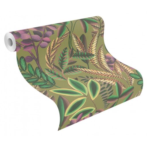 Rasch Florentine III 485578 Botanikus változatos növények levelei textil háttéren fű és levélzöld vörösesbarna ibolya halványsáega, kavicsszürke tapéta