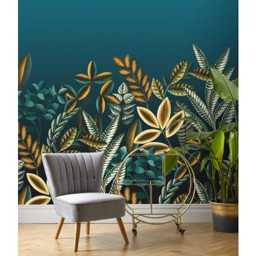 Rasch Florentine III 485776 Botanikus Grafikus változatos növények levélzete kék zöldeskék aranysárga bézs fehér falpanel