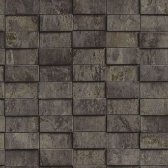   Acél és patina az első benyomás! Szabálytalan téglalap elemek 3D mintája grafit sötétbarna szürke és patinás zöld tónus tapéta