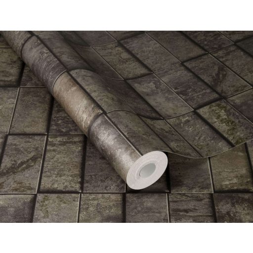 Acél és patina az első benyomás! Szabálytalan téglalap elemek 3D mintája grafit sötétbarna szürke és patinás zöld tónus tapéta