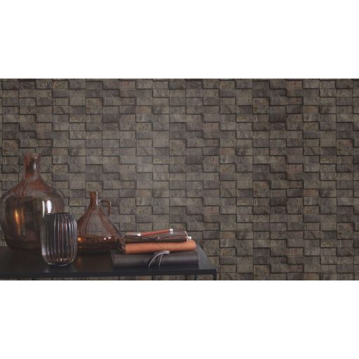 Acél és patina az első benyomás! Szabálytalan téglalap elemek 3D mintája grafit sötétbarna szürke és patinás zöld tónus tapéta