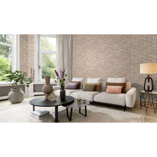 Velencei vakolat! Szabálytalan patinás téglalap elemek 3D mintája törtfehér-homokbézs szürke éa taupe tónus tapéta