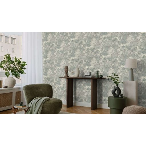 Organikus ritmusú természetes márványerezet és kopott freskó keresztezése szürkészöld/zöld palaszürke és krémfehér tónus tapéta