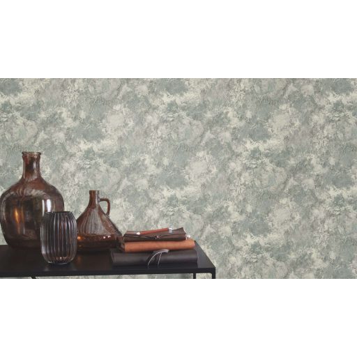 Organikus ritmusú természetes márványerezet és kopott freskó keresztezése szürkészöld/zöld palaszürke és krémfehér tónus tapéta