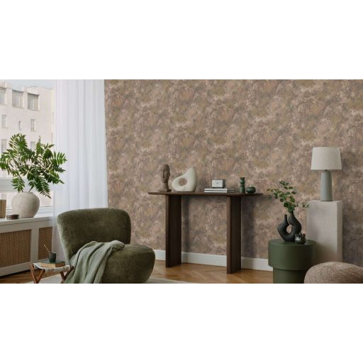 Organikus ritmusú természetes márványerezet és kopott freskó keresztezése rozsdabarna mogyorós-taupe és antracit és olívzöld tapéta