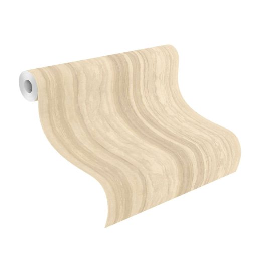 Papírvékonyra szelt és falra terített travertin/forrásmészkő minta meleg homokos-arany és halvány karamellbézs tónus tapéta