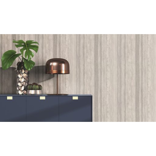 Papírvékonyra szelt és falra terített travertin/forrásmészkő minta hideg bézs palaszürke és ezüst tónus tapéta