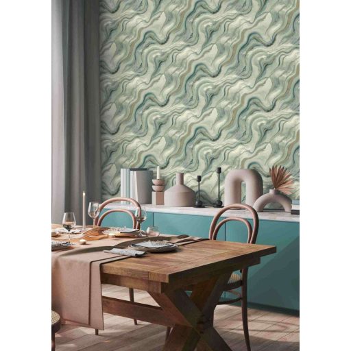 Kőfaragó mester aranyat öntött a márványerekbe - falba fagyott ékszer mentazöld krémfehér tealzöld és arany tónus fémes hatás tapéta