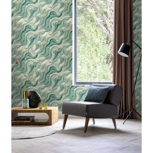 Kőfaragó mester aranyat öntött a márványerekbe - falba fagyott ékszer mentazöld krémfehér tealzöld és arany tónus fémes hatás tapéta