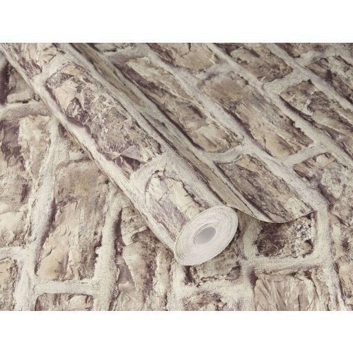 Meszelt téglafal - szabálytalan méretű durván faragott kopott téglák mintája homokos taupe meleg barna és sötétszürke tónus tapéta