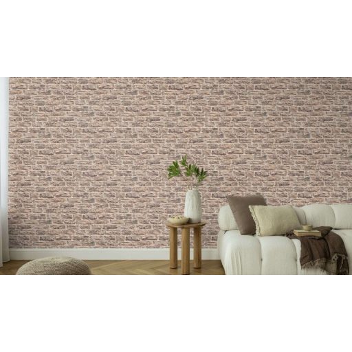 Meszelt téglafal - szabálytalan méretű durván faragott kopott téglák mintája homokos taupe meleg barna és sötétszürke tónus tapéta