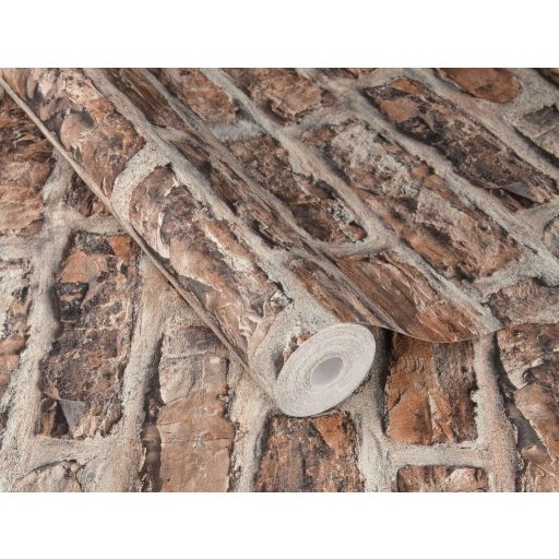 Meszelt téglafal - szabálytalan méretű durván faragott kopott téglák mintája rozsdavörös téglavörös szürke és sötétbarna tónus tapéta