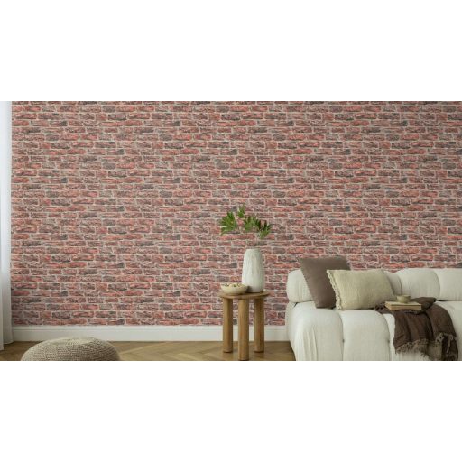 Meszelt téglafal - szabálytalan méretű durván faragott kopott téglák mintája rozsdavörös téglavörös szürke és sötétbarna tónus tapéta