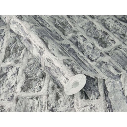 Meszelt téglafal - szabálytalan méretű durván faragott kopott téglák mintája acélkék palaszürke krém és ezüstszürke tónus tapéta