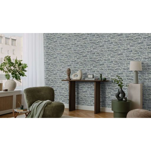 Meszelt téglafal - szabálytalan méretű durván faragott kopott téglák mintája acélkék palaszürke krém és ezüstszürke tónus tapéta