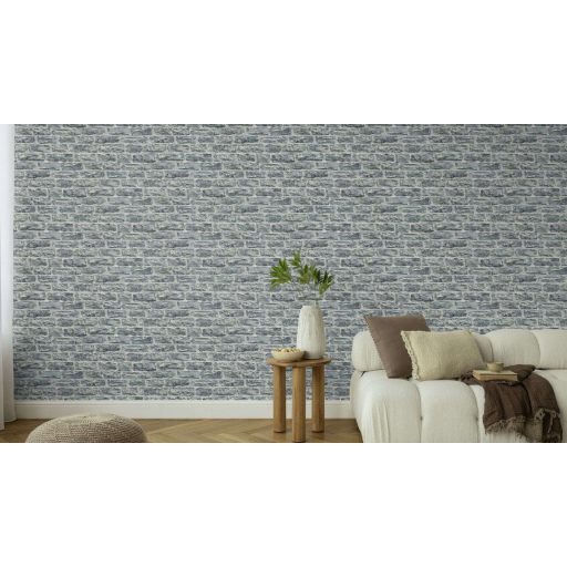 Meszelt téglafal - szabálytalan méretű durván faragott kopott téglák mintája acélkék palaszürke krém és ezüstszürke tónus tapéta