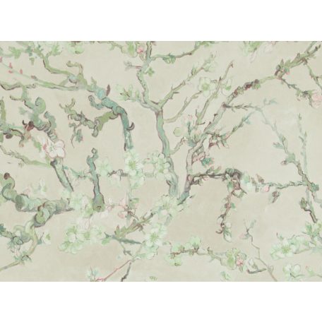 A mester kedvenc motívuma - Virágzó mandulafa bézs zöld törtfehér mentazöld és mályva tónus tapéta