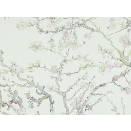 A mester kedvenc motívuma - Virágzó mandulafa törtfehér mentazöld szürke zöld és lila tónus tapéta