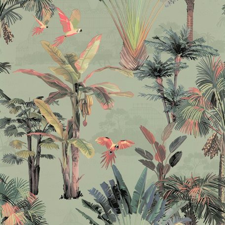Lutece Jardin d'Eden 51203304 JALAPA VERT SAUGE Botanikus Trópusi dzsungel papagájokkal zsályazöld türkiz szines tapéta